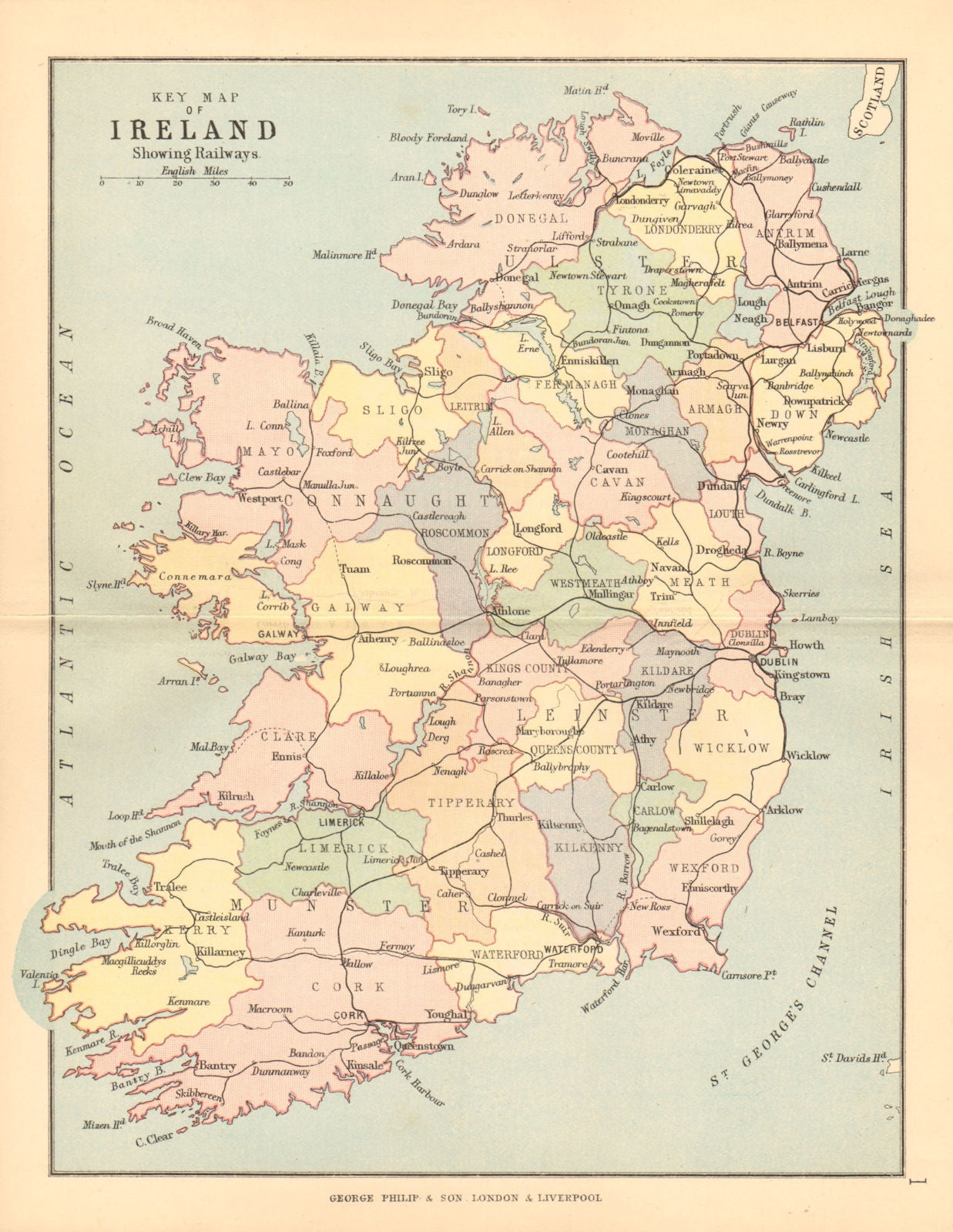 IRELAND. showing railways counties & provinces. BARTHOLOMEW 1886 old map